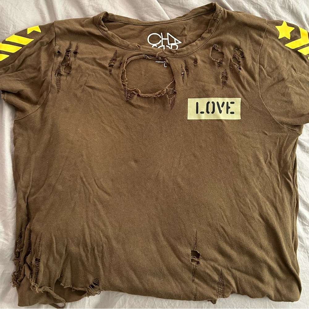 CHASER SIZE L, Military style , holed up LOVE tee w/ stripes on the sleeves.